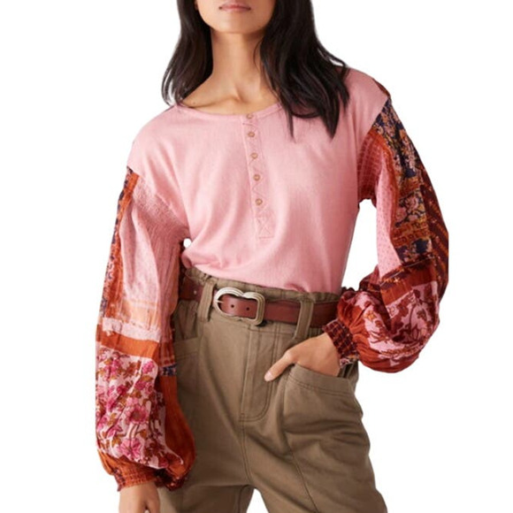 Free People Tops - Free People Light Magic Printed Sleeve Henley Top Vintage Pink Women Medium